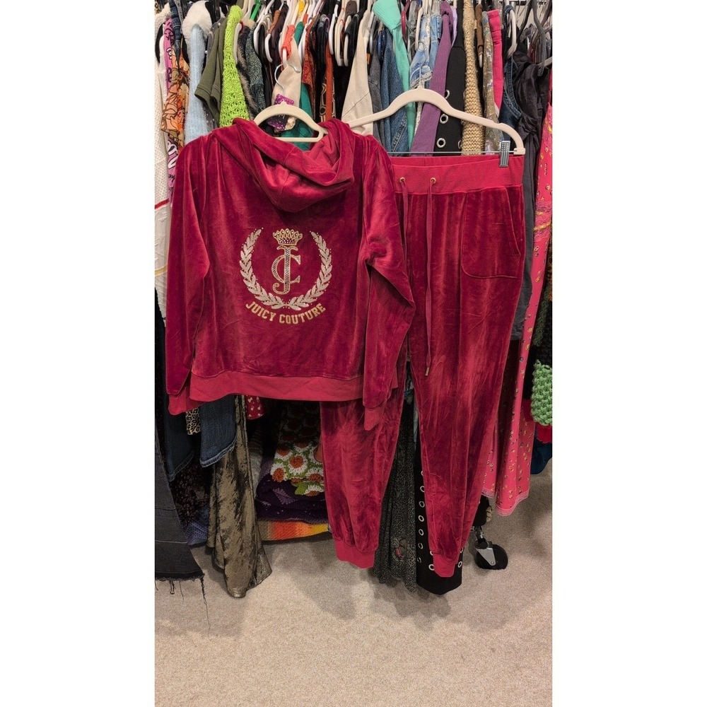 Y2K JUICY COUTURE VELVET SWEAT SUIT JACKET PANTS PINK RHINESTONES BLING LARGE